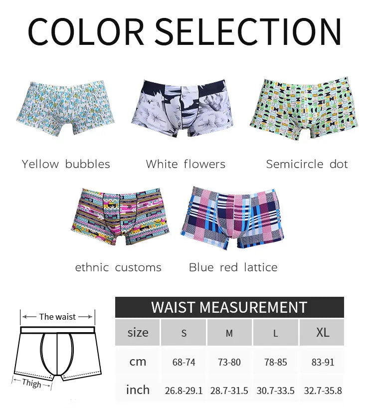 New Men Ice Silk Underwear Low waist Boxers shorts Pants Separate Open Warehouse Thin Printing Boxers
