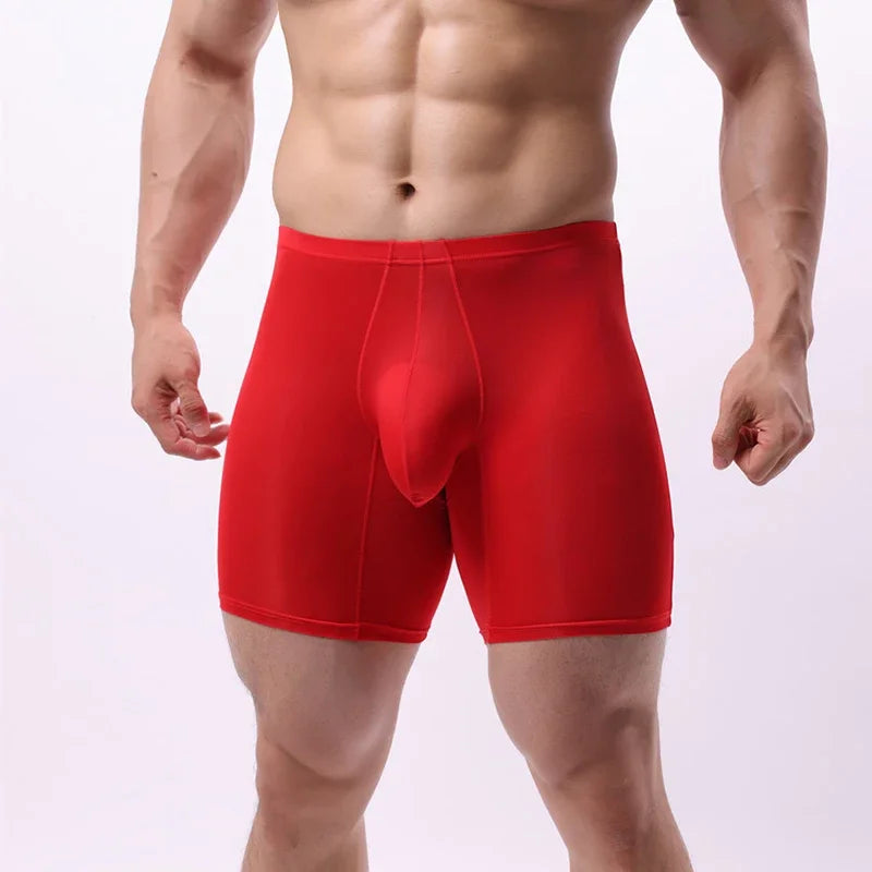 EUR Size Men Long Leg Boxer Shorts Mid Waist With Pouch Thin Silk Male and Breathable