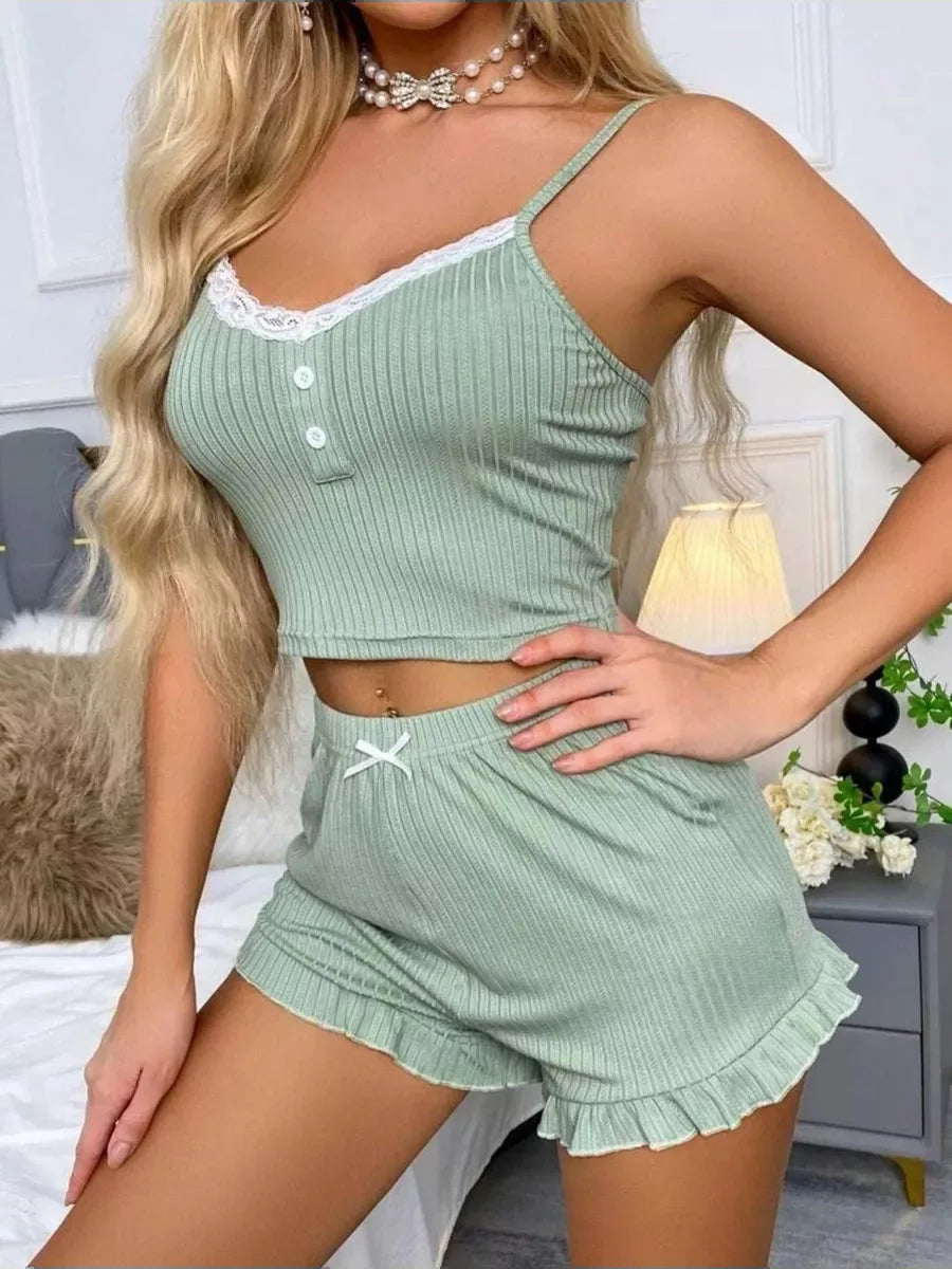 Summer Women's Pajamas Set Lace Button Patchwork Top Ruffles Shorts Sleepwear 2 Piece Set For Women Sexy Cami Slim Pyjamas Suit