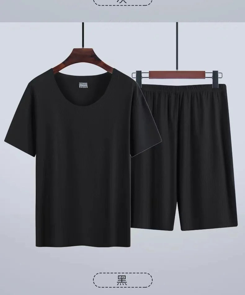 Men's Summer Thin Pajamas Suit Home Wear Seamless Short Sleeve Shorts Sleepwear Sets Non-trace Ice Silk Lounge Nightwear for Men
