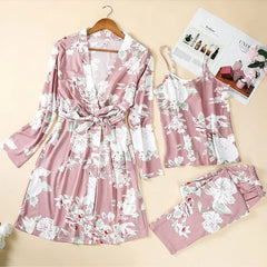 Solid Color 3-piece Pajamas, Soft Long Robe, Sleeveless V-neck Top And Elastic Pants, Summer Casual Wear, Comfortable