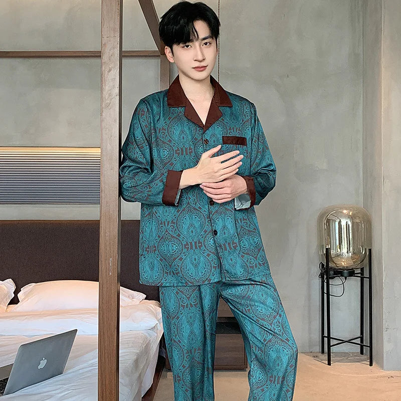 Large Size 3XL Men Pajama 2Pcs Set Summer New Short Sleeve Shorts Pajamas Suit Loose Ice Silk Satin Sleepwear Male Home Clothes