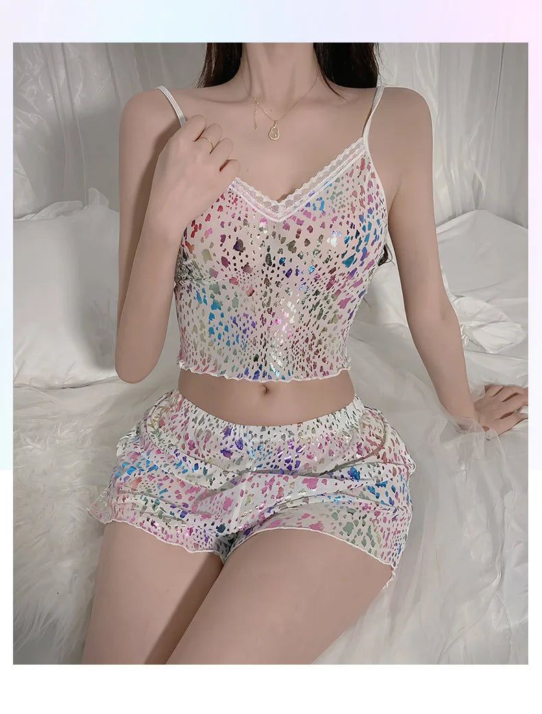 2Pcs Women Sexy Pajama Set Print Mesh Silk Spaghetti Strap Top Shorts Pajama Women Sleepwear Femme Pajamas