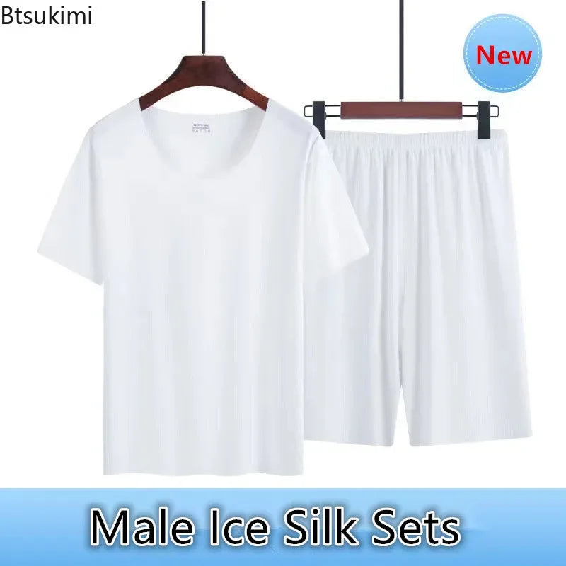 Men's Summer Thin Pajamas Suit Home Wear Seamless Short Sleeve Shorts Sleepwear Sets Non-trace Ice Silk Lounge Nightwear for Men