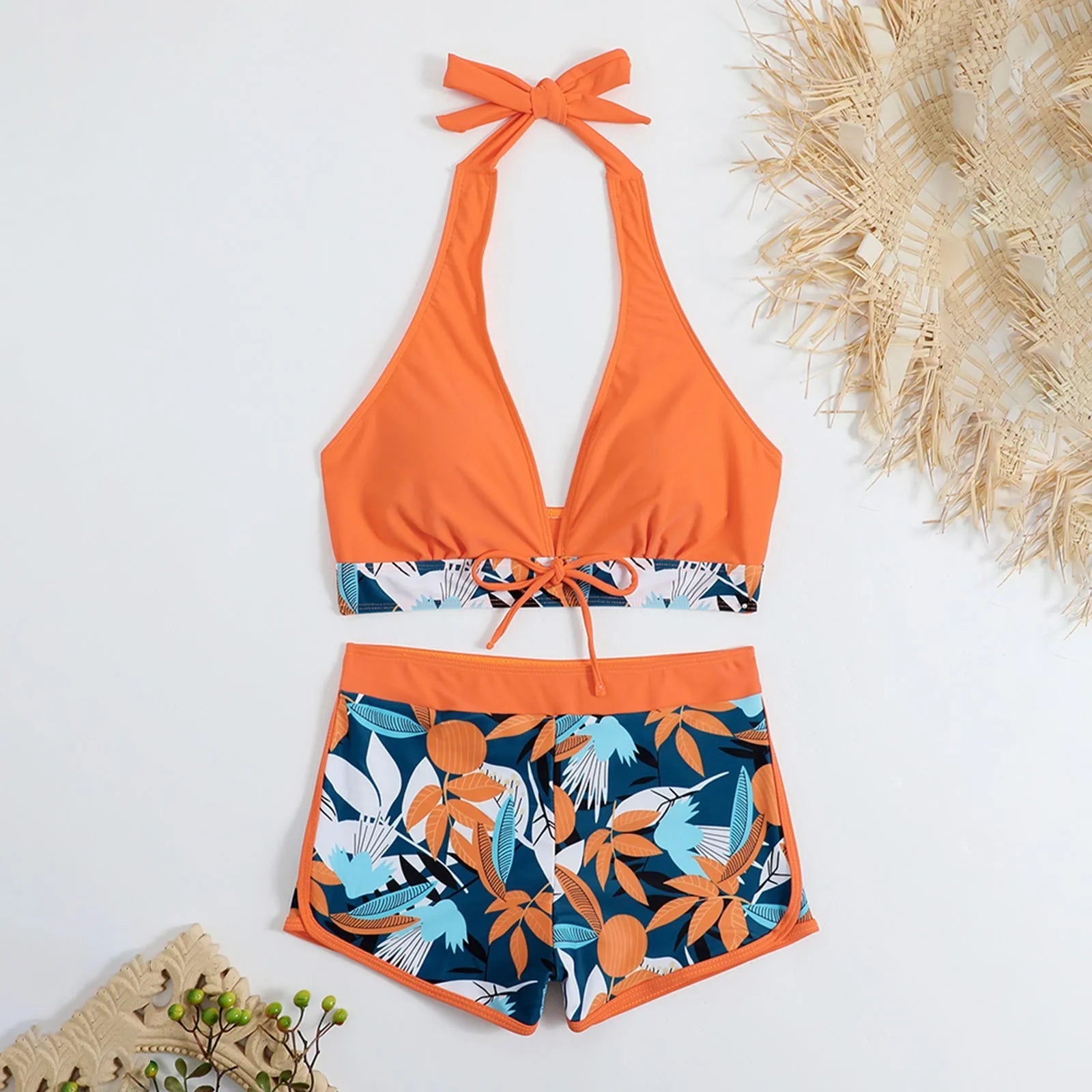 PLANT Bikini shorts Set  High Waist Swimsuit 2 Pieces Plant Print  Bathing Swim Suit Beachwear