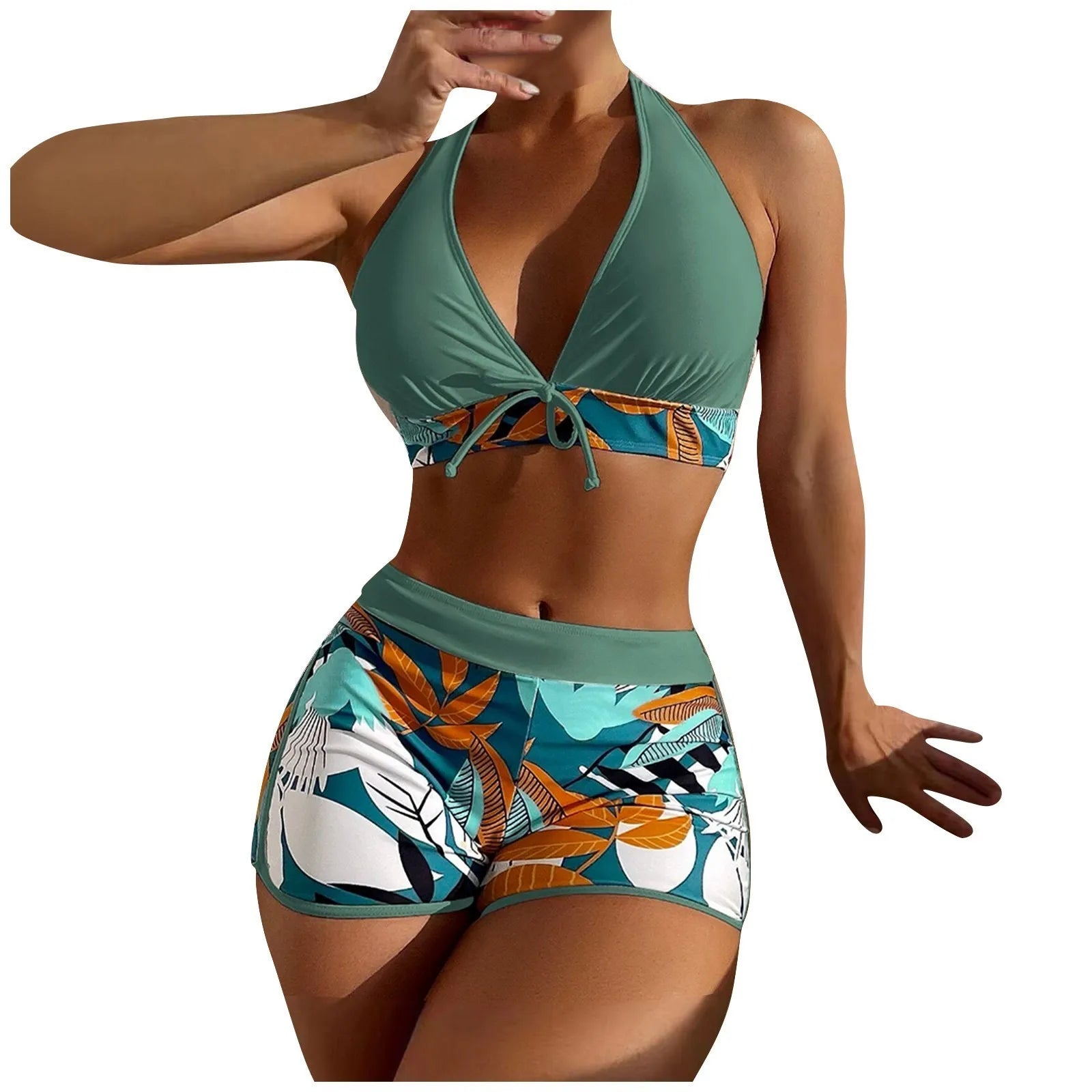 PLANT Bikini shorts Set  High Waist Swimsuit 2 Pieces Plant Print  Bathing Swim Suit Beachwear