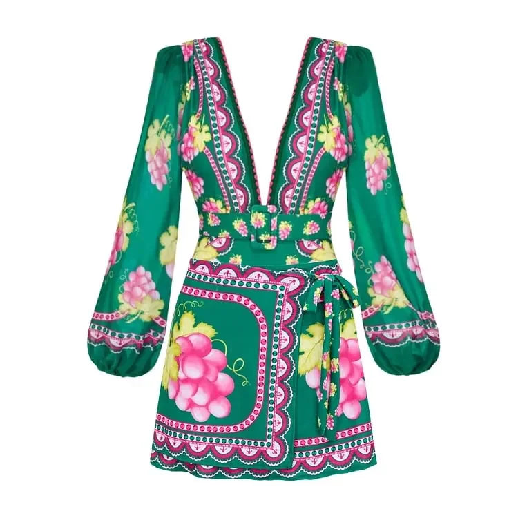 2025 Women Long-sleeved Jungle Green Print One Piece Swimsuit and Skirt Woman Swimwear Summer Bathing Suit