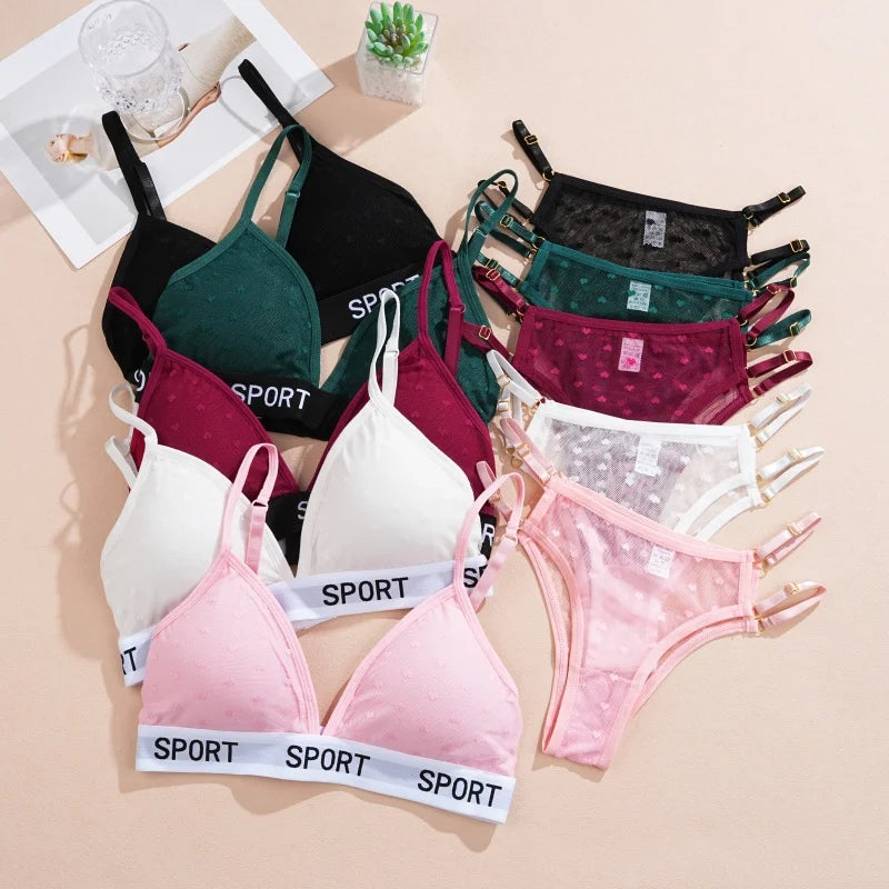 Women Bras Set Dot Push Up Bras Female Transparent Breathable Brazilian Panties Low Waist Bikini Ladies Soft Underwear Set