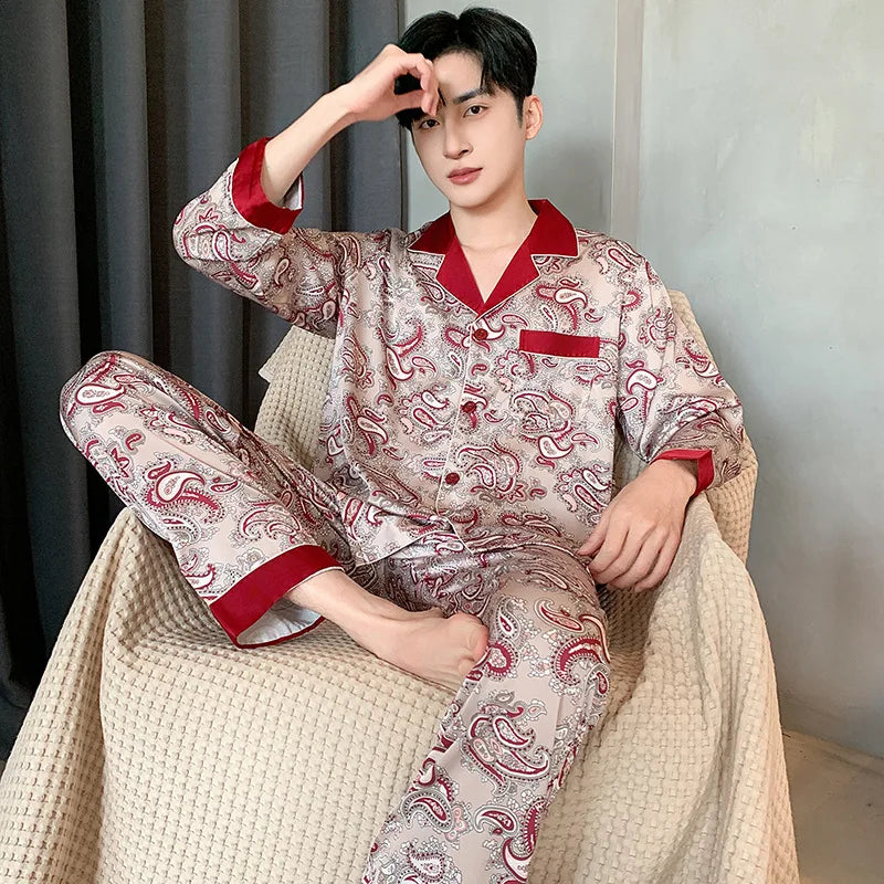 Large Size 3XL Men Pajama 2Pcs Set Summer New Short Sleeve Shorts Pajamas Suit Loose Ice Silk Satin Sleepwear Male Home Clothes