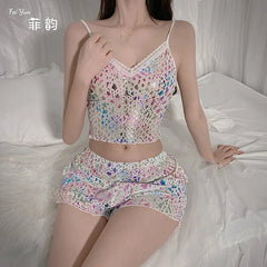 2Pcs Women Sexy Pajama Set Print Mesh Silk Spaghetti Strap Top Shorts Pajama Women Sleepwear Femme Pajamas