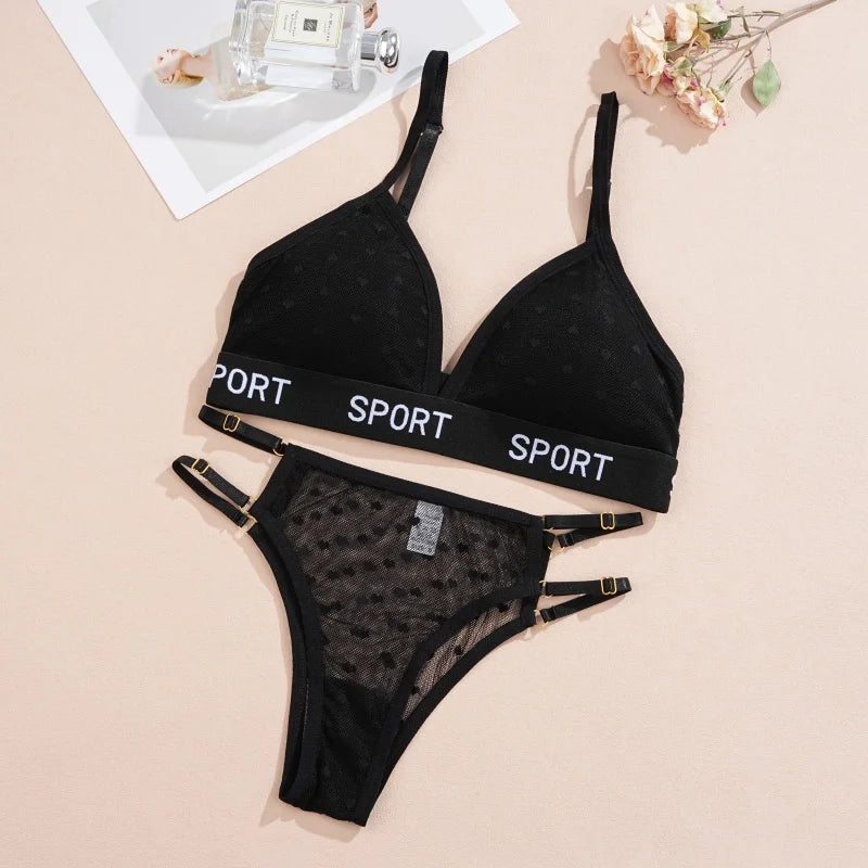 Women Bras Set Dot Push Up Bras Female Transparent Breathable Brazilian Panties Low Waist Bikini Ladies Soft Underwear Set