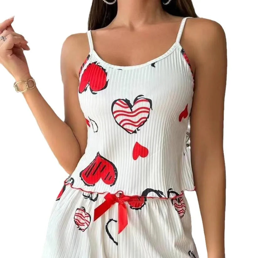 New Strawberry Print Sleepwear Set Women's Ribbed Pajamas with Hearts & Bow Soft Comfy Lounge Set with Shorts Cute Summer