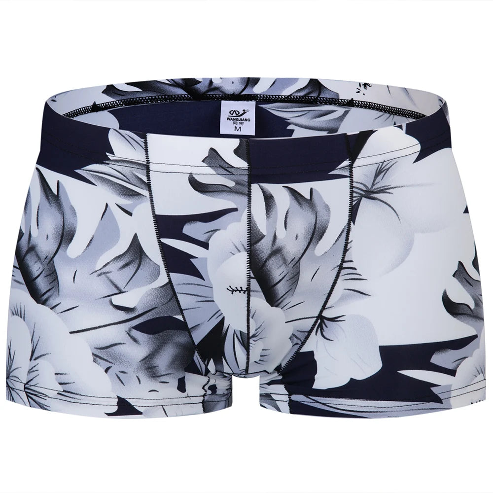 New Men Ice Silk Underwear Low waist Boxers shorts Pants Separate Open Warehouse Thin Printing Boxers