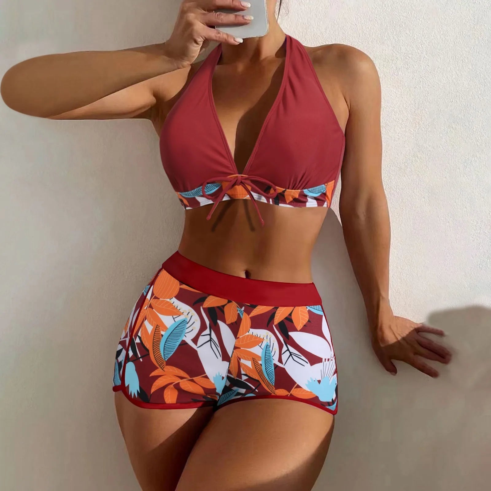 PLANT Bikini shorts Set  High Waist Swimsuit 2 Pieces Plant Print  Bathing Swim Suit Beachwear