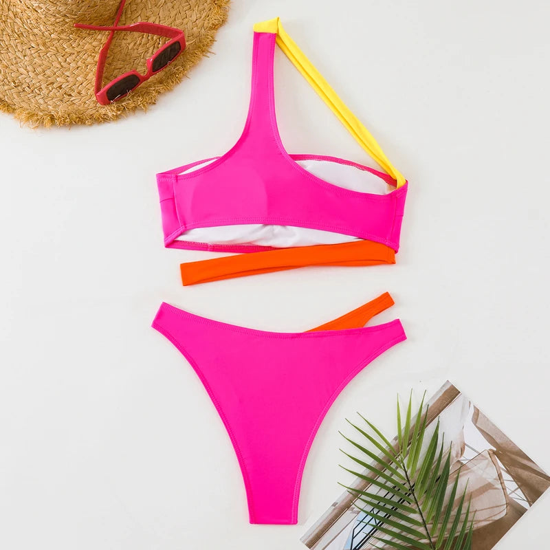 80’s Retro Female Swimwear Sexy Asymmetric High Cut Swimsuit Swim Bathing New Women 2025 One Shoulder Splicing Color Bikini Two Piece Set