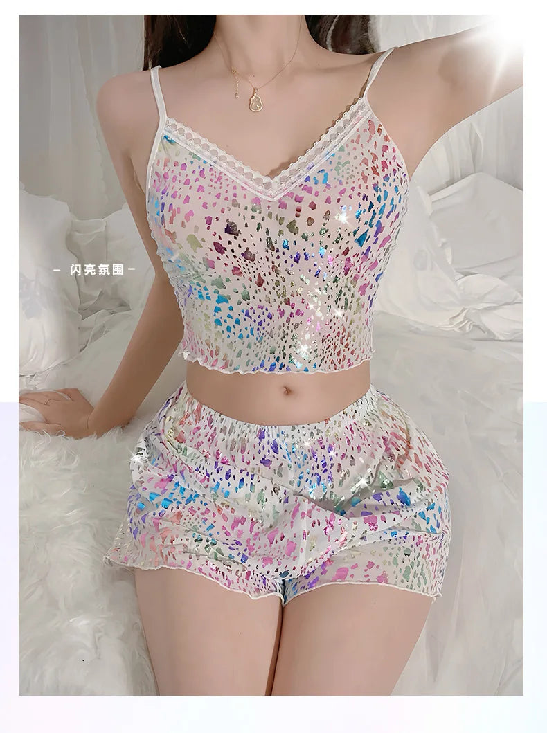 2Pcs Women Sexy Pajama Set Print Mesh Silk Spaghetti Strap Top Shorts Pajama Women Sleepwear Femme Pajamas