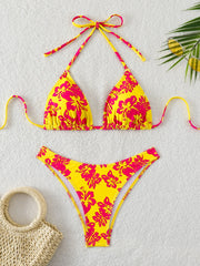 Summer retro floral print 2-piece bikini lace up swimsuit sexy high waisted women's swimsuit