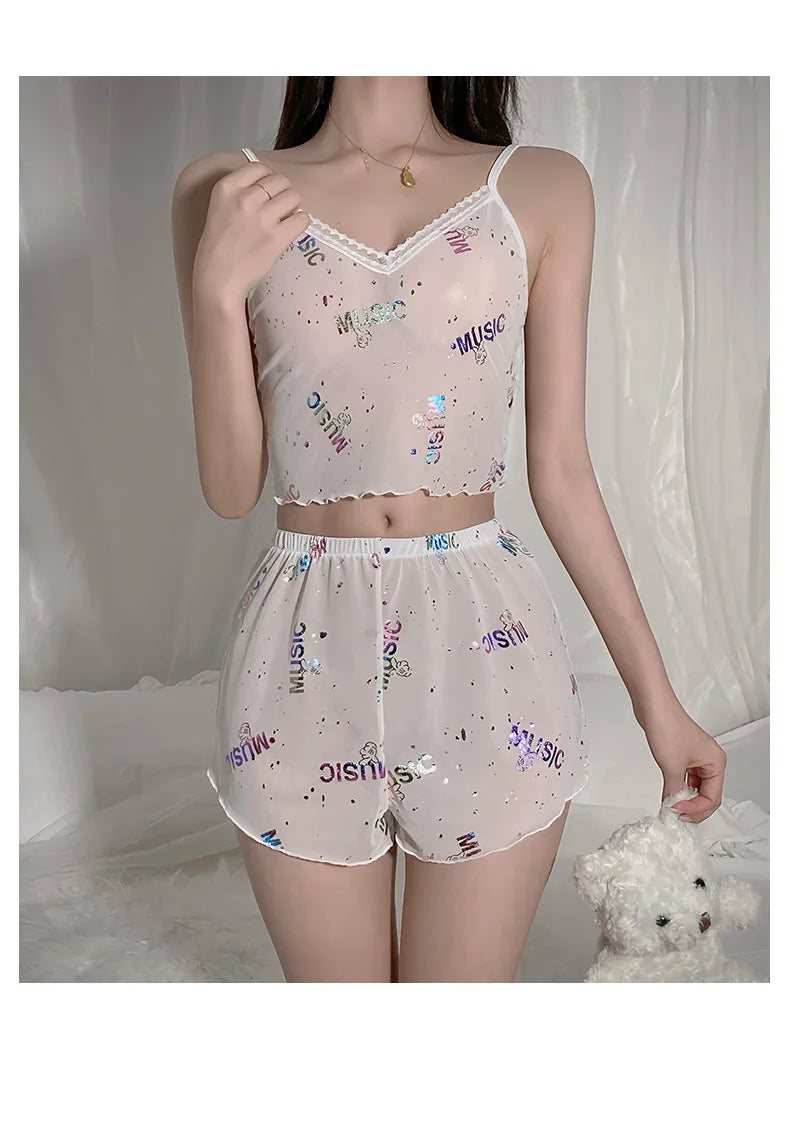 2Pcs Women Sexy Pajama Set Print Mesh Silk Spaghetti Strap Top Shorts Pajama Women Sleepwear Femme Pajamas