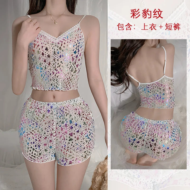 2Pcs Women Sexy Pajama Set Print Mesh Silk Spaghetti Strap Top Shorts Pajama Women Sleepwear Femme Pajamas