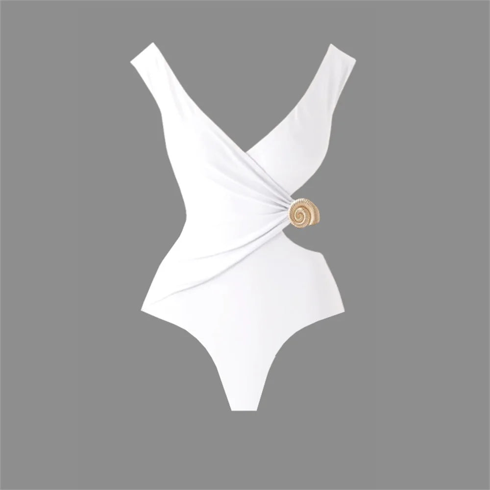 2Pieces White Swimsuit With Long Skirt Women Sexy Swimwear Female Cut Out Bikini Deep V Swimming Suit Shiny Bodysuit Beachwear