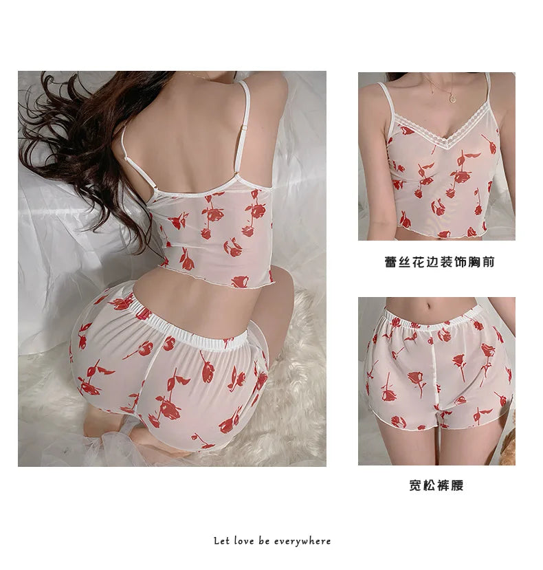 2Pcs Women Sexy Pajama Set Print Mesh Silk Spaghetti Strap Top Shorts Pajama Women Sleepwear Femme Pajamas