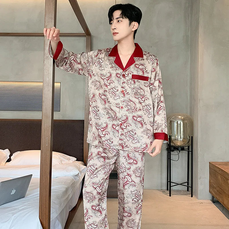 Large Size 3XL Men Pajama 2Pcs Set Summer New Short Sleeve Shorts Pajamas Suit Loose Ice Silk Satin Sleepwear Male Home Clothes