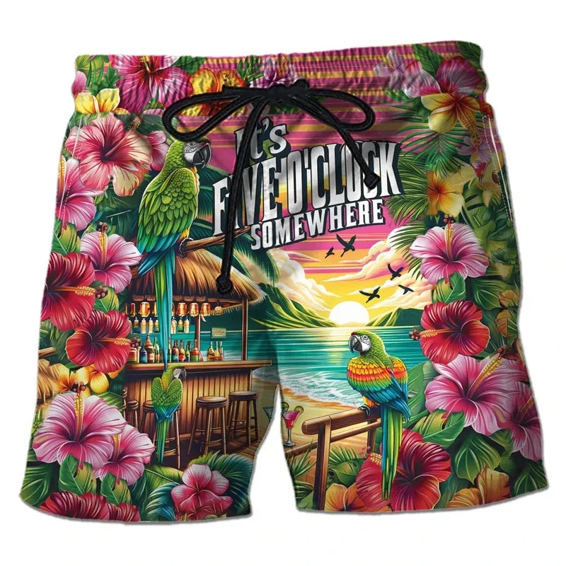 Parrot Toucan Men Tropical Plants Pattern Hawaiian Beach Shorts Surf Board Shorts Quick Dry Swim Trunks