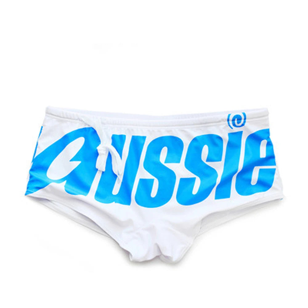 AUSSIE Men's Swim Trunks  Low Waisted  Sexy Fashionable Flat Angle Swim Trunks  Triangle Hot Spring Beach Letters