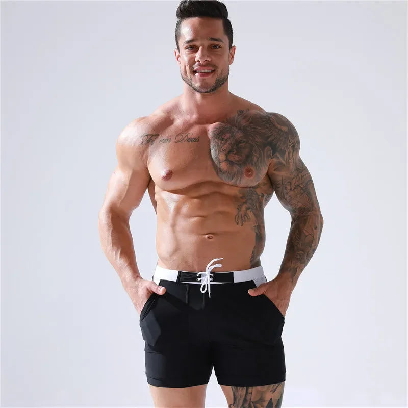 SOLID Men's Surf Board Shorts Boxer Briefs Tethered Swimsuit Beachwear 2025 New