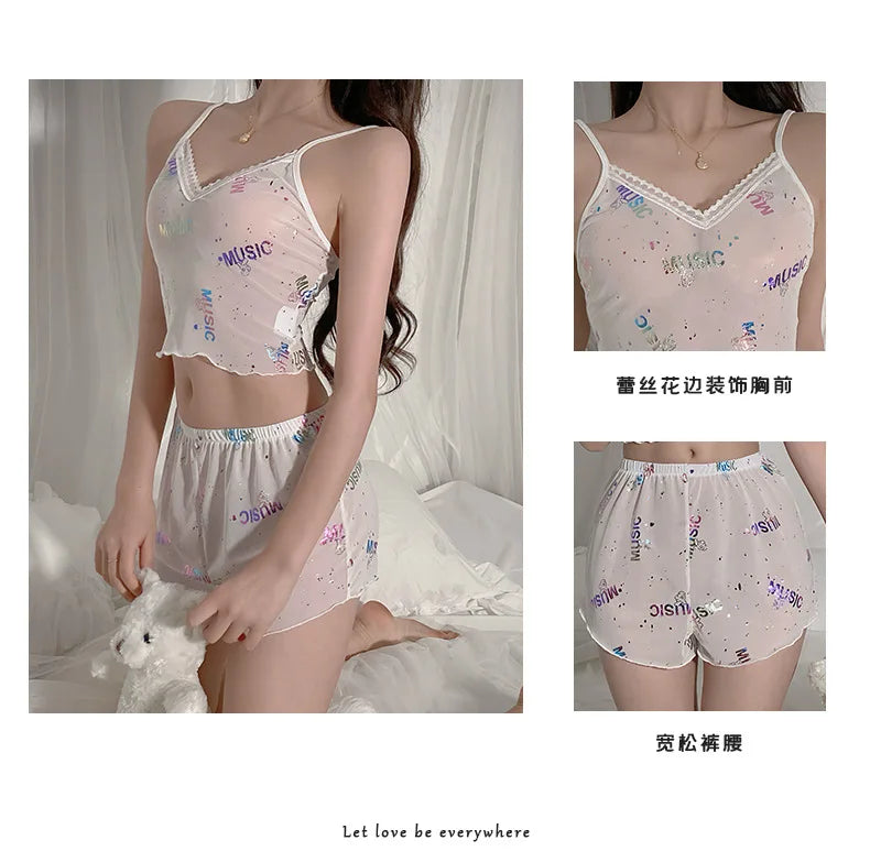 2Pcs Women Sexy Pajama Set Print Mesh Silk Spaghetti Strap Top Shorts Pajama Women Sleepwear Femme Pajamas