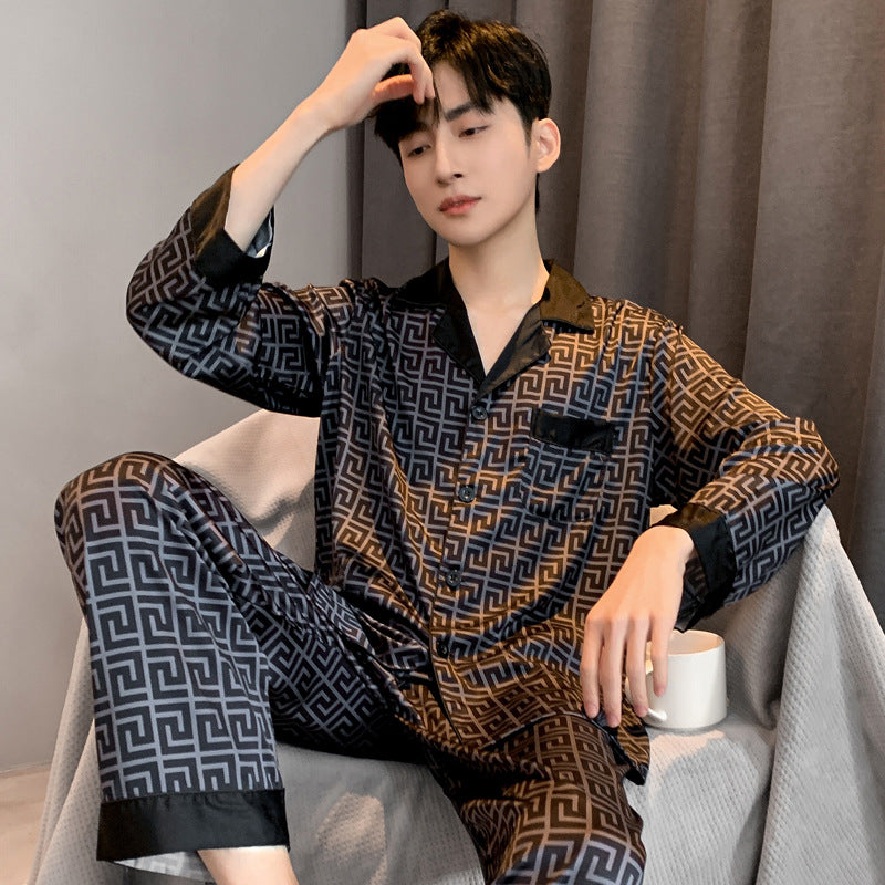 Pajamas Men Spring Summer Thin Ice Silk Luxurious Loose Fitting Home Wear Suit Male Satin Pijamas Set Night Sleep-Suit Gentlemen