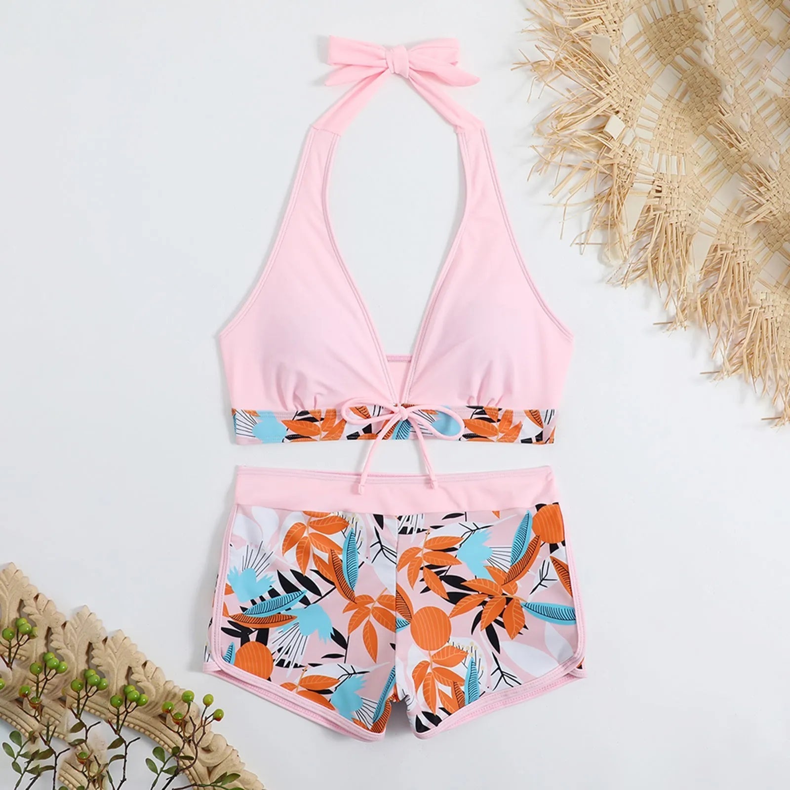 PLANT Bikini shorts Set  High Waist Swimsuit 2 Pieces Plant Print  Bathing Swim Suit Beachwear