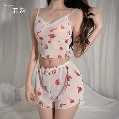 2Pcs Women Sexy Pajama Set Print Mesh Silk Spaghetti Strap Top Shorts Pajama Women Sleepwear Femme Pajamas