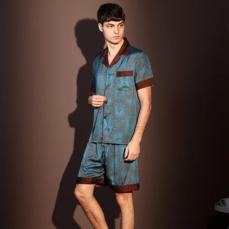 Large Size 3XL Men Pajama 2Pcs Set Summer New Short Sleeve Shorts Pajamas Suit Loose Ice Silk Satin Sleepwear Male Home Clothes