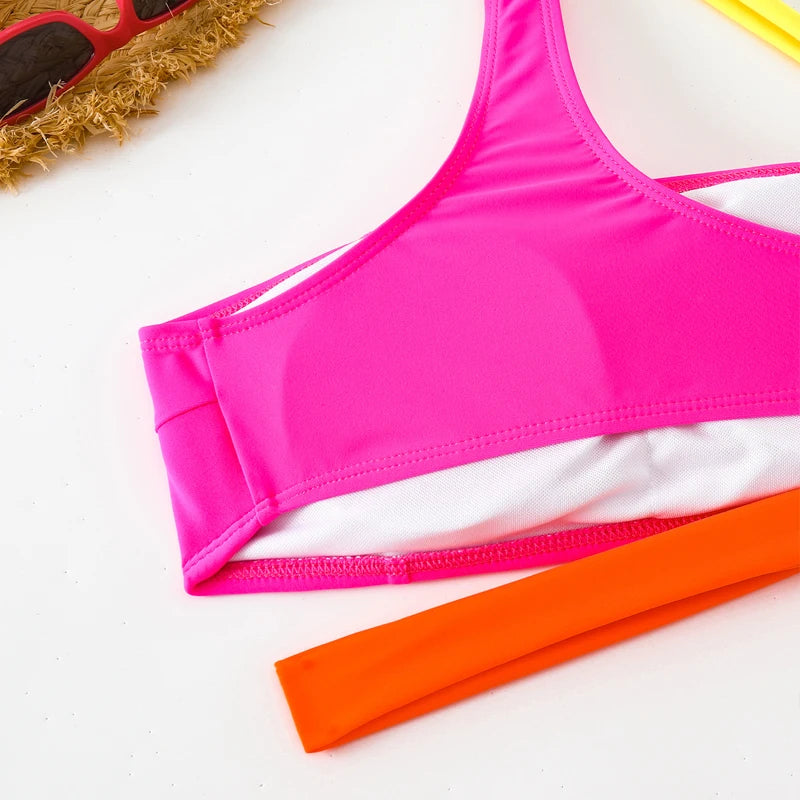 80’s Retro Female Swimwear Sexy Asymmetric High Cut Swimsuit Swim Bathing New Women 2025 One Shoulder Splicing Color Bikini Two Piece Set