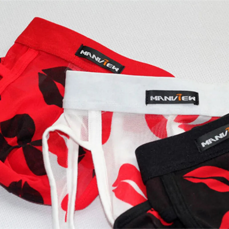Men See through Boxer Briefs Shorts Underwear Mesh Bulge Pouch red lips
