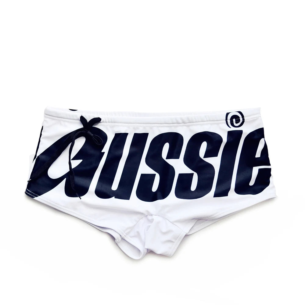 AUSSIE Men's Swim Trunks  Low Waisted  Sexy Fashionable Flat Angle Swim Trunks  Triangle Hot Spring Beach Letters