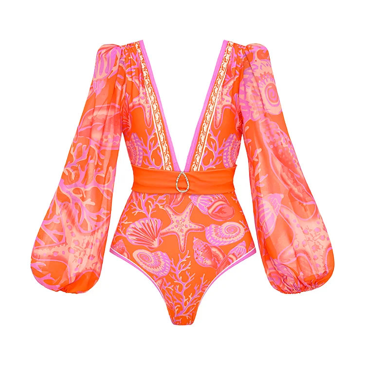 2025 Women Long-sleeved Jungle Green Print One Piece Swimsuit and Skirt Woman Swimwear Summer Bathing Suit