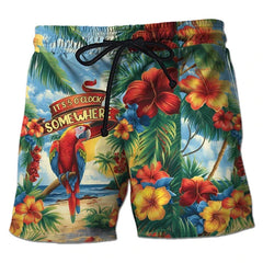 Parrot Toucan Men Tropical Plants Pattern Hawaiian Beach Shorts Surf Board Shorts Quick Dry Swim Trunks