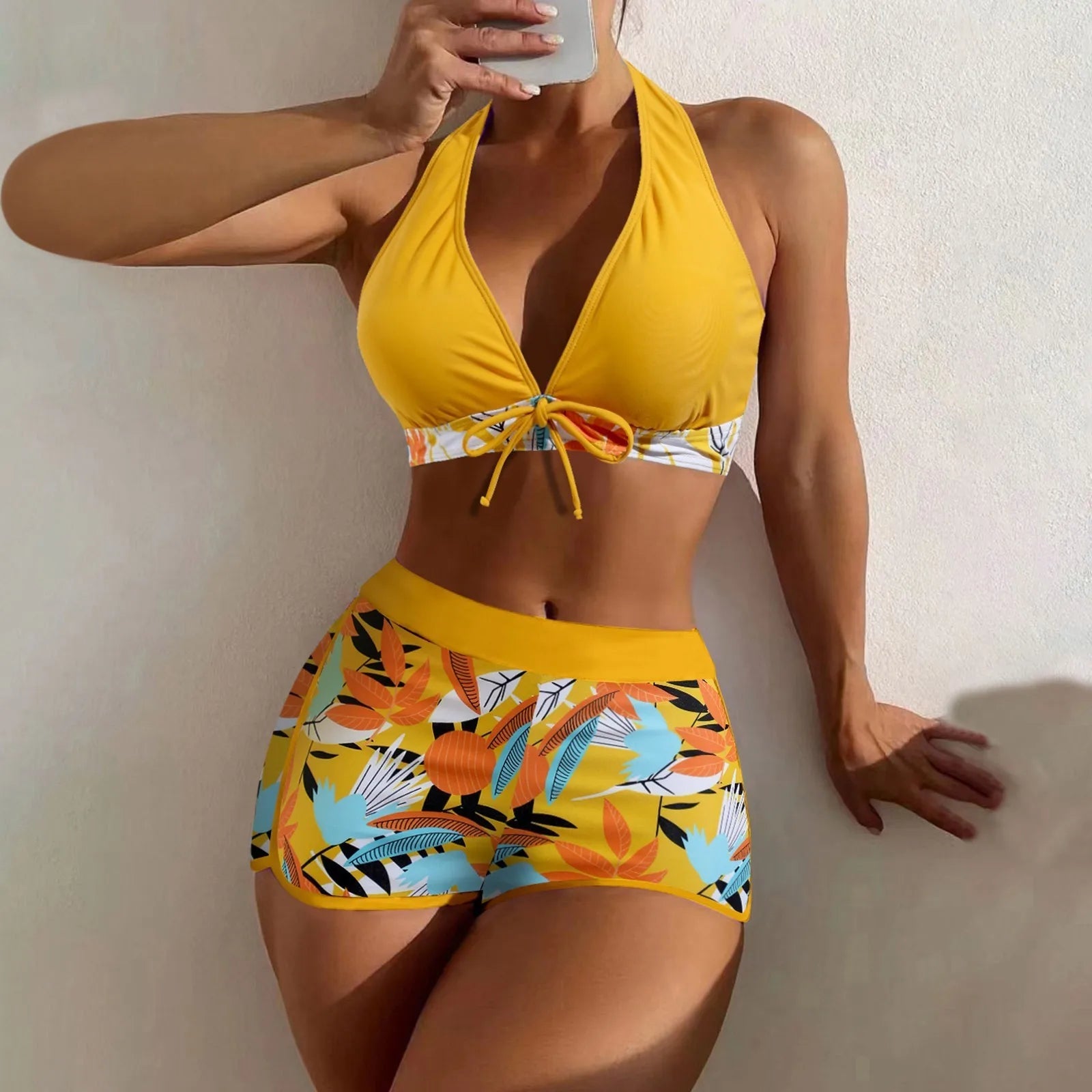PLANT Bikini shorts Set  High Waist Swimsuit 2 Pieces Plant Print  Bathing Swim Suit Beachwear