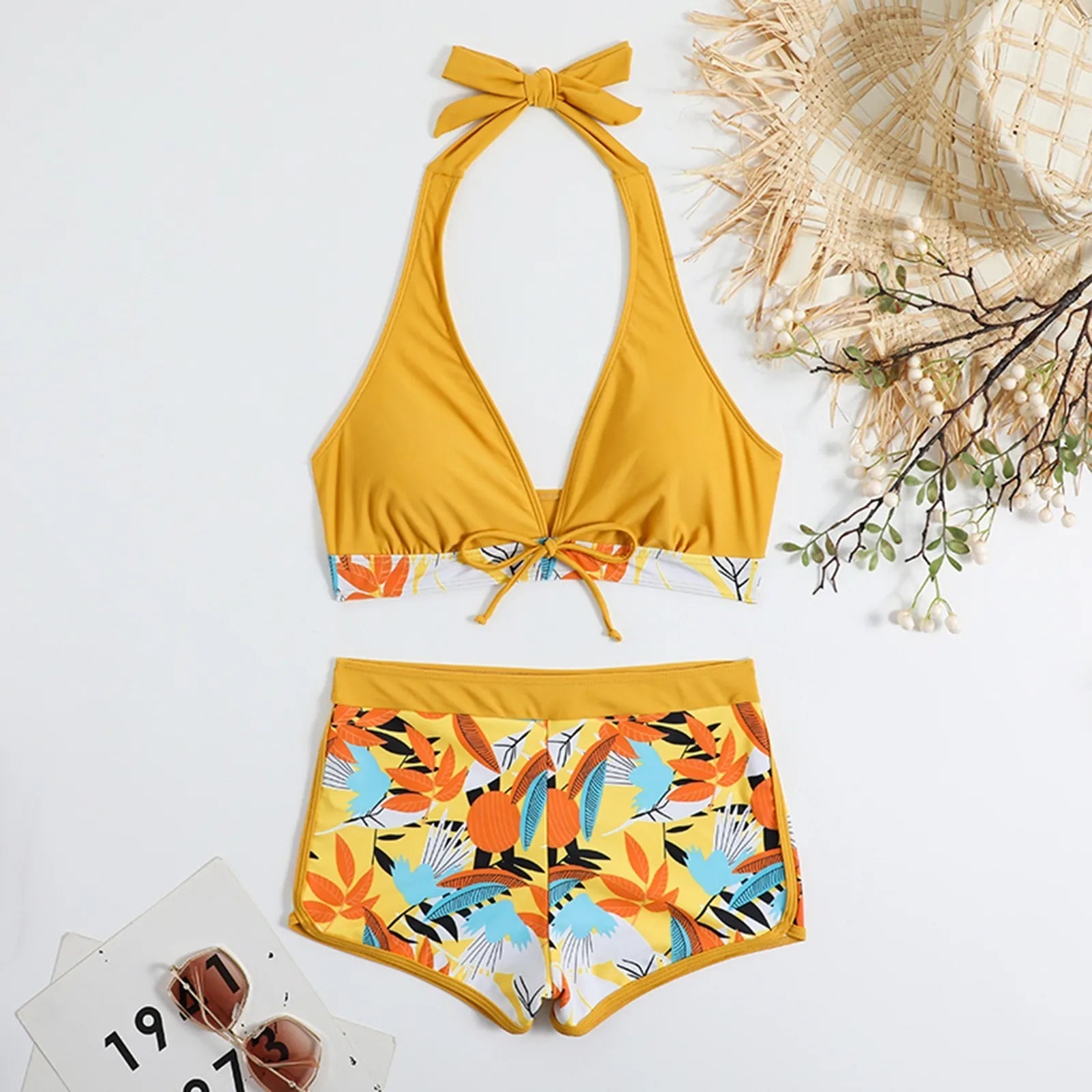 PLANT Bikini shorts Set  High Waist Swimsuit 2 Pieces Plant Print  Bathing Swim Suit Beachwear