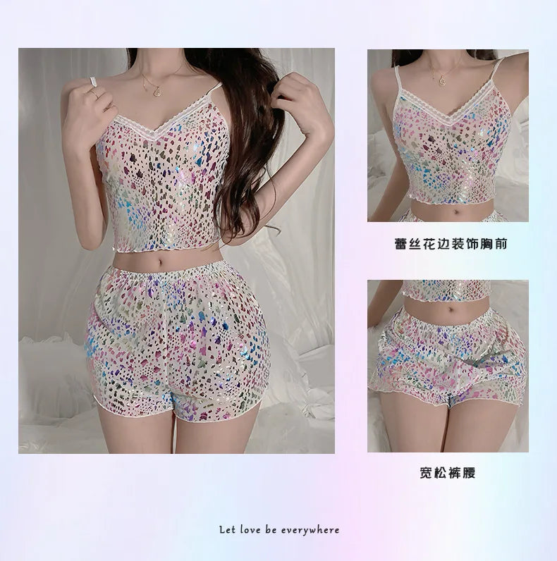 2Pcs Women Sexy Pajama Set Print Mesh Silk Spaghetti Strap Top Shorts Pajama Women Sleepwear Femme Pajamas