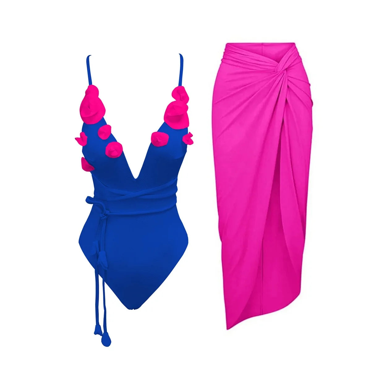 2025 Flower Deep V Neck Swimwear With Cover Up Sexy Woman Swimsuit Off Shoulder Bathingsuit Belt Bikini Summer Suits Beachwear