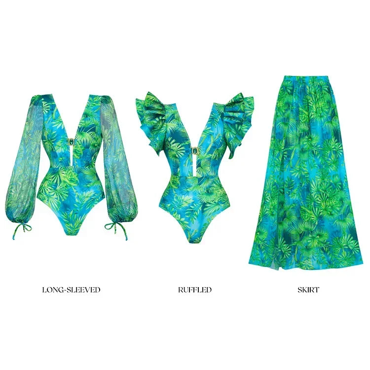 2025 Women Long-sleeved Jungle Green Print One Piece Swimsuit and Skirt Woman Swimwear Summer Bathing Suit