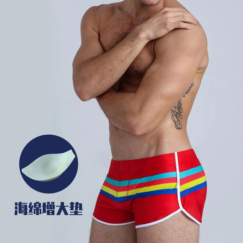 Mens Swim Boxer Striped Swimsuit Pouch Enhance