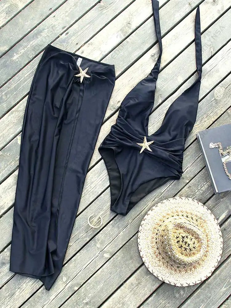 2 Piece Starfish One Piece Bathing Suits with High Split Skirt Cover ups Sexy Halter Bikini Sets K59