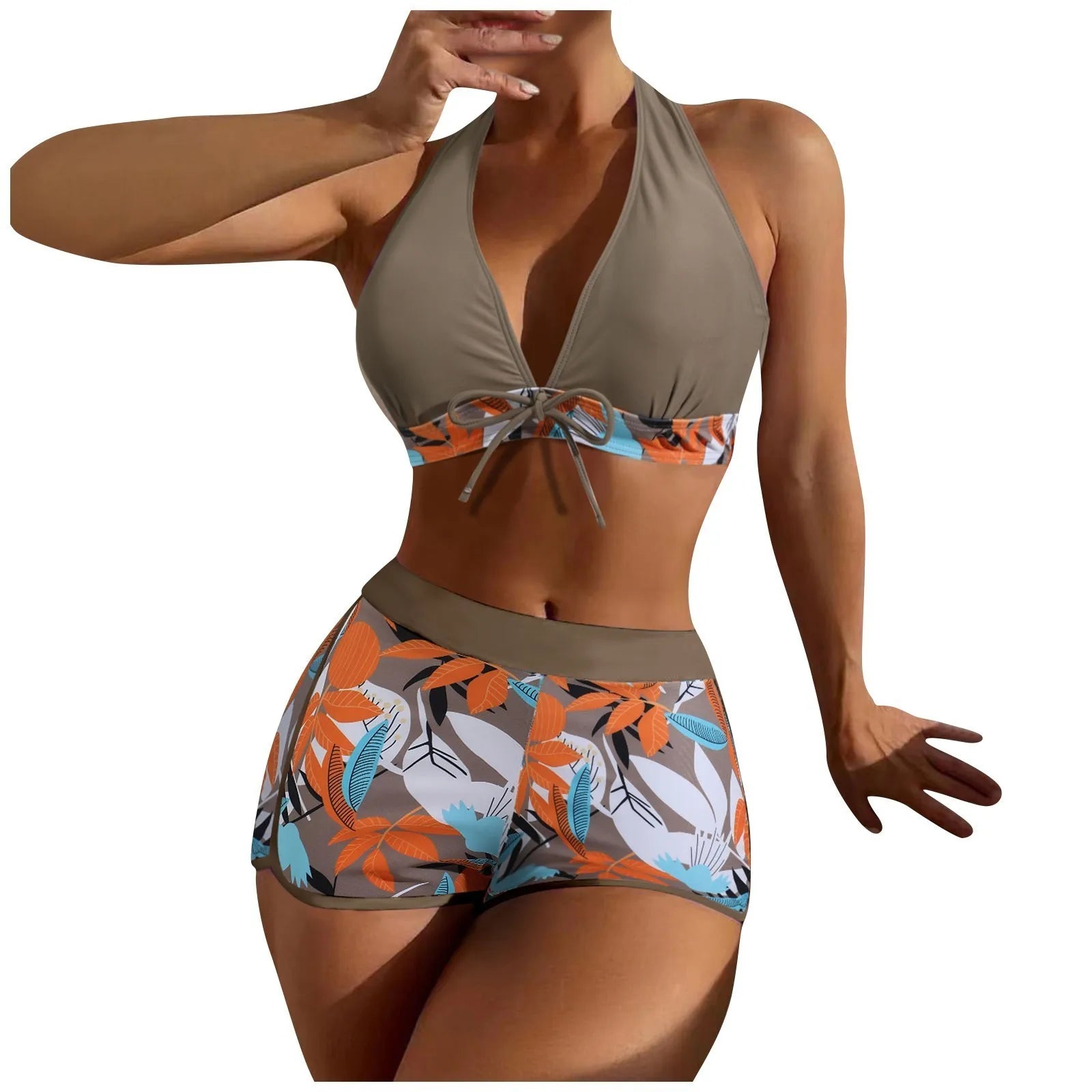 PLANT Bikini shorts Set  High Waist Swimsuit 2 Pieces Plant Print  Bathing Swim Suit Beachwear