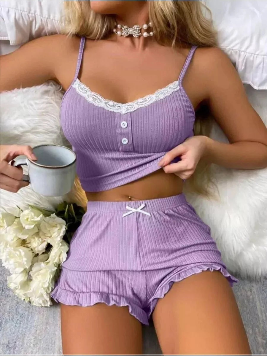Summer Women's Pajamas Set Lace Button Patchwork Top Ruffles Shorts Sleepwear 2 Piece Set For Women Sexy Cami Slim Pyjamas Suit