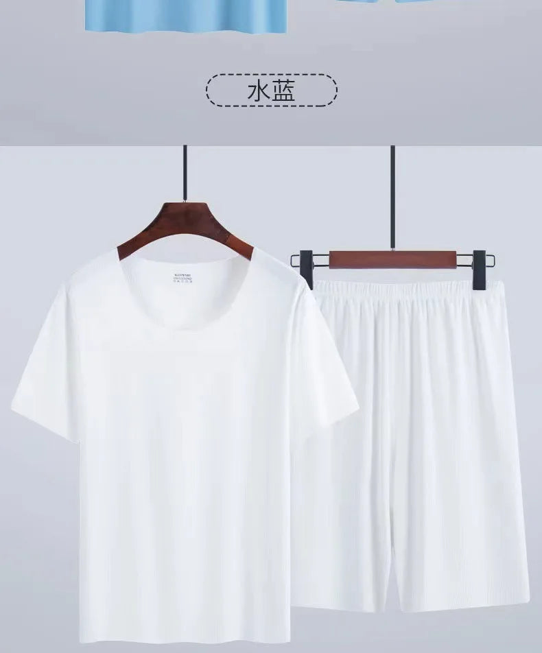 Men's Summer Thin Pajamas Suit Home Wear Seamless Short Sleeve Shorts Sleepwear Sets Non-trace Ice Silk Lounge Nightwear for Men