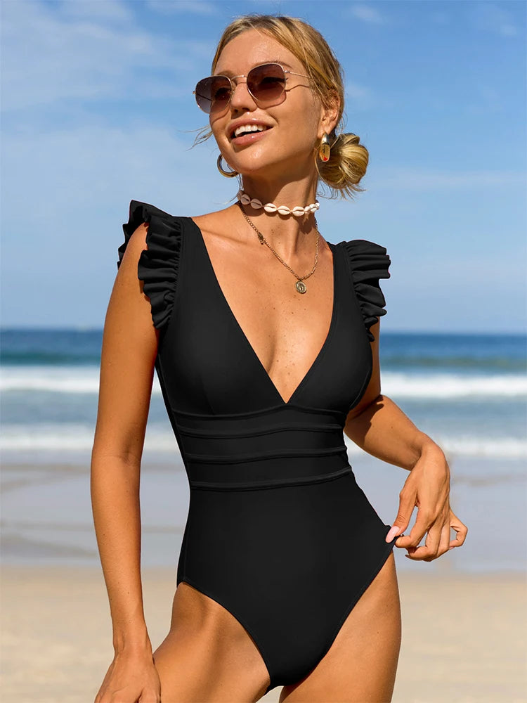 Red Deep V One-Piece Swimsuit